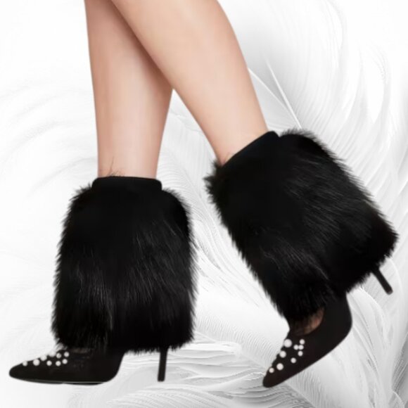Black Faux Fur Boot Covers Leg Warmers - Picture 2 of 4